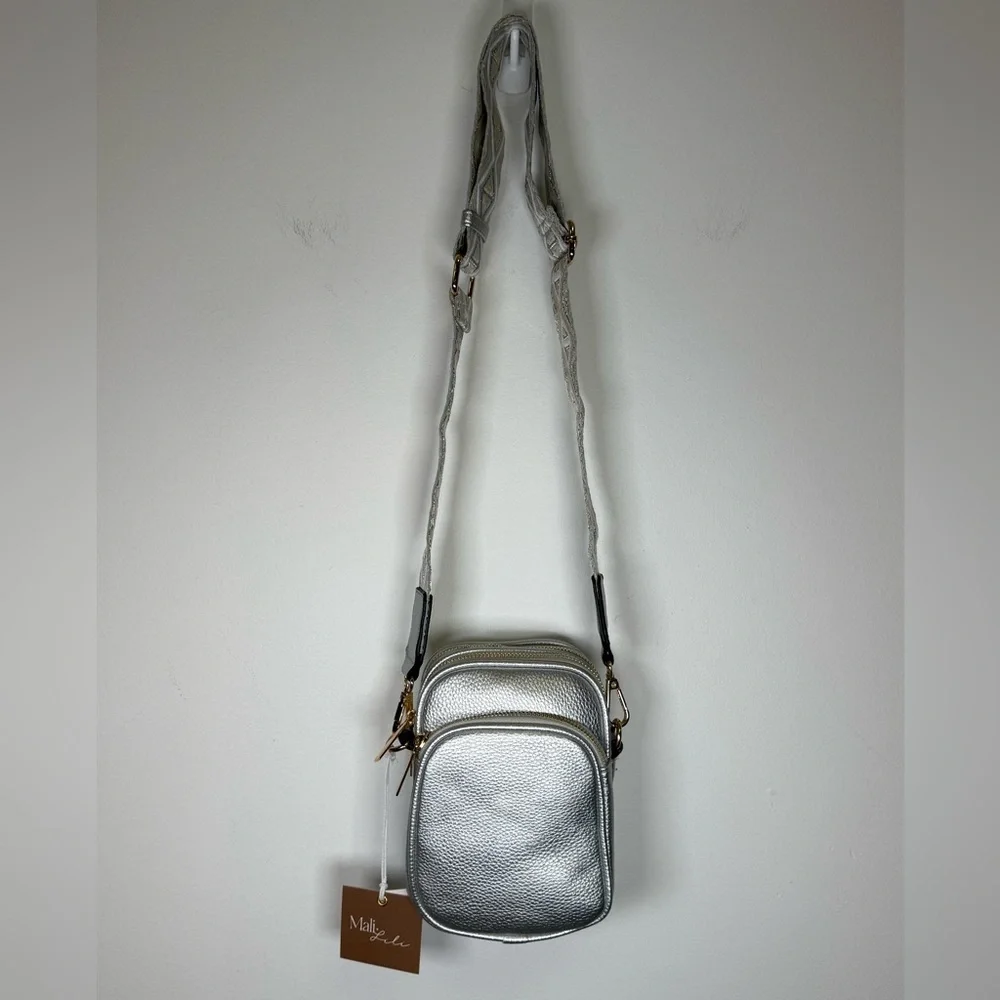 NEW Mali + Lili ‘Josephine’ Silver Vegan Leather Crossbody Bag Goldtone Hardware